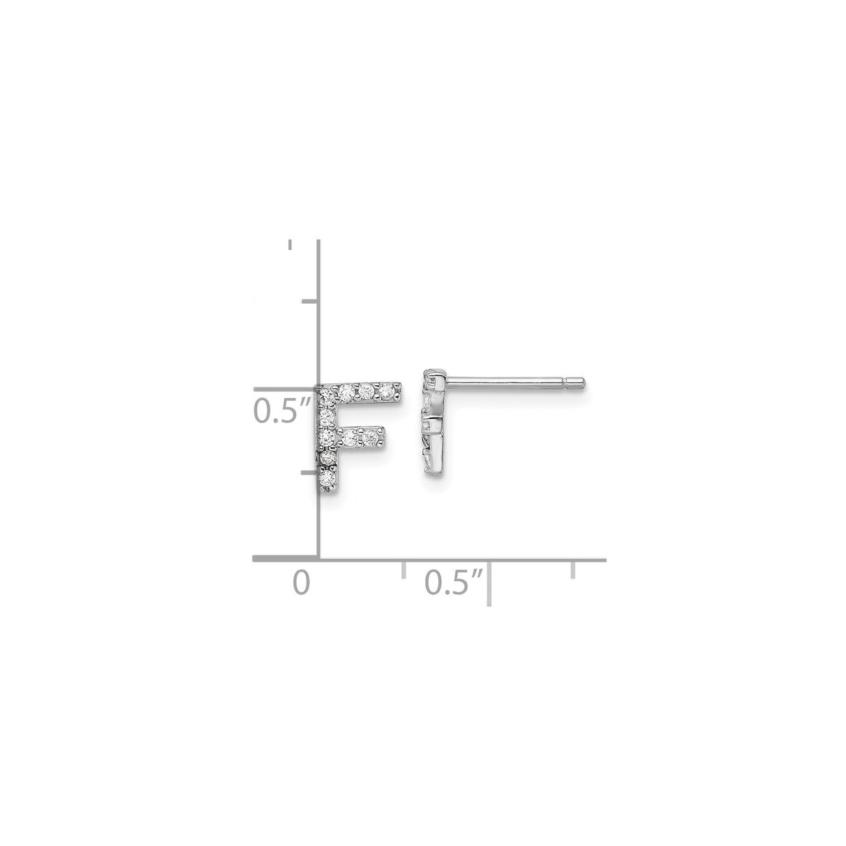 Sterling Silver Letter F Stud Earrings with Cubic Zirconia, Rhodium Plated Initial Design