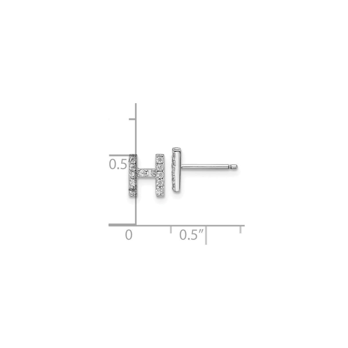 Sterling Silver Letter H Stud Earrings with Cubic Zirconia, Rhodium Plated Initial Design