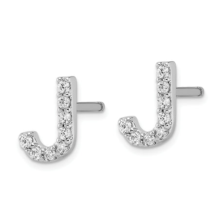 Sterling Silver Initial J Stud Earrings with Cubic Zirconia, Minimalist Letter Design