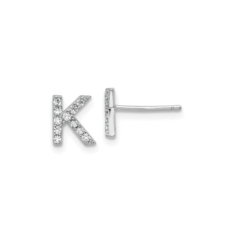Sterling Silver Letter K Stud Earrings with Cubic Zirconia Accents, Polished Monogram Design