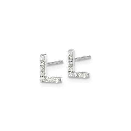 Sterling Silver Letter L Stud Earrings with Cubic Zirconia, Rhodium Plated Alphabet Design