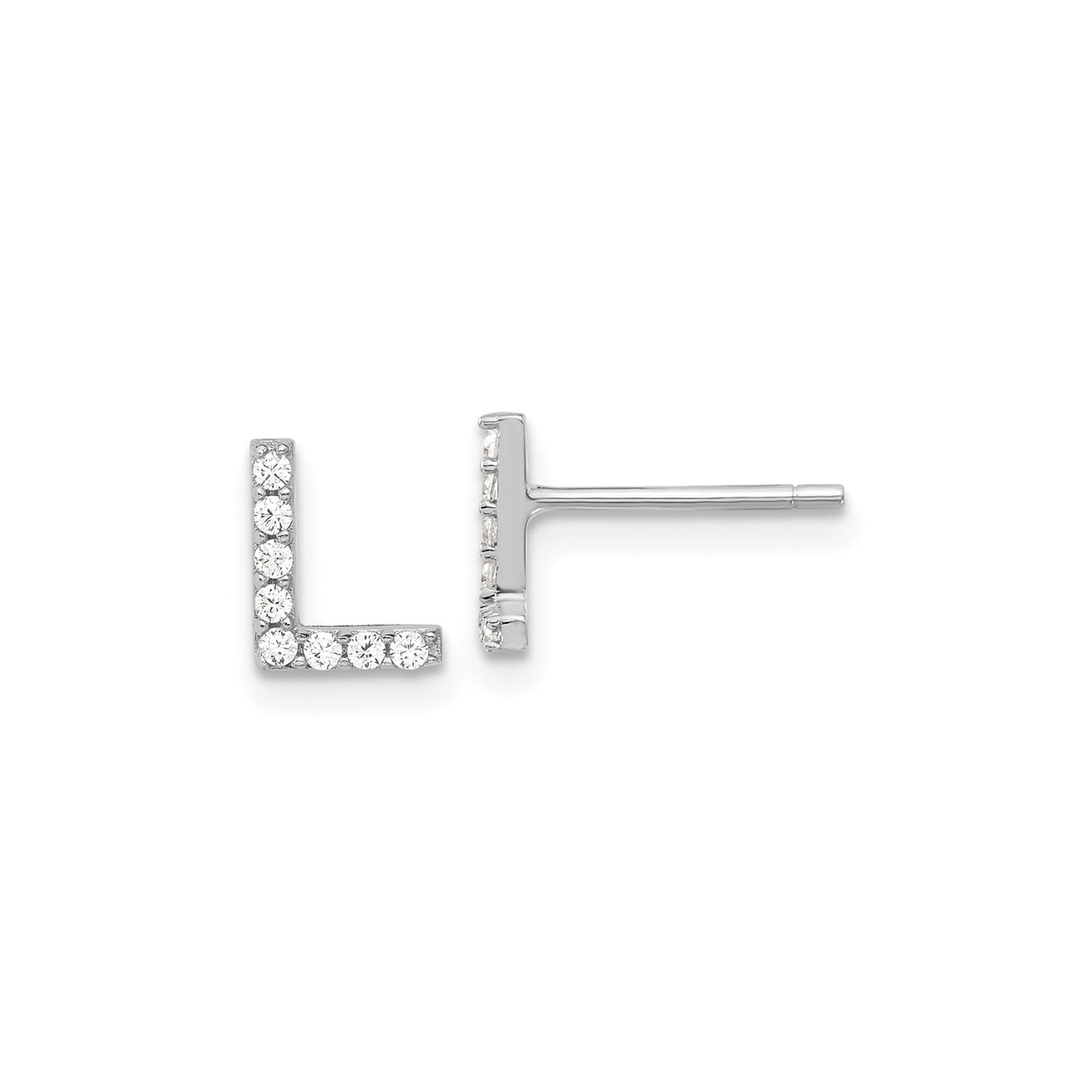 Sterling Silver Letter L Stud Earrings with Cubic Zirconia, Rhodium Plated Alphabet Design