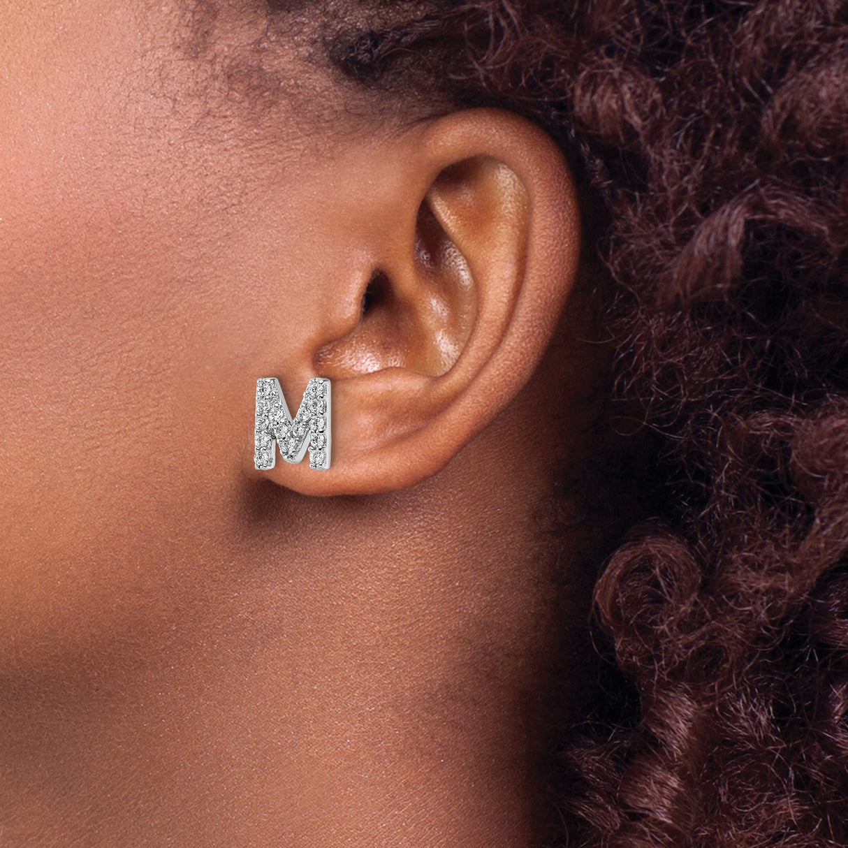 Sterling Silver Initial M Stud Earrings with Cubic Zirconia, Pavé Letter Monogram Jewelry