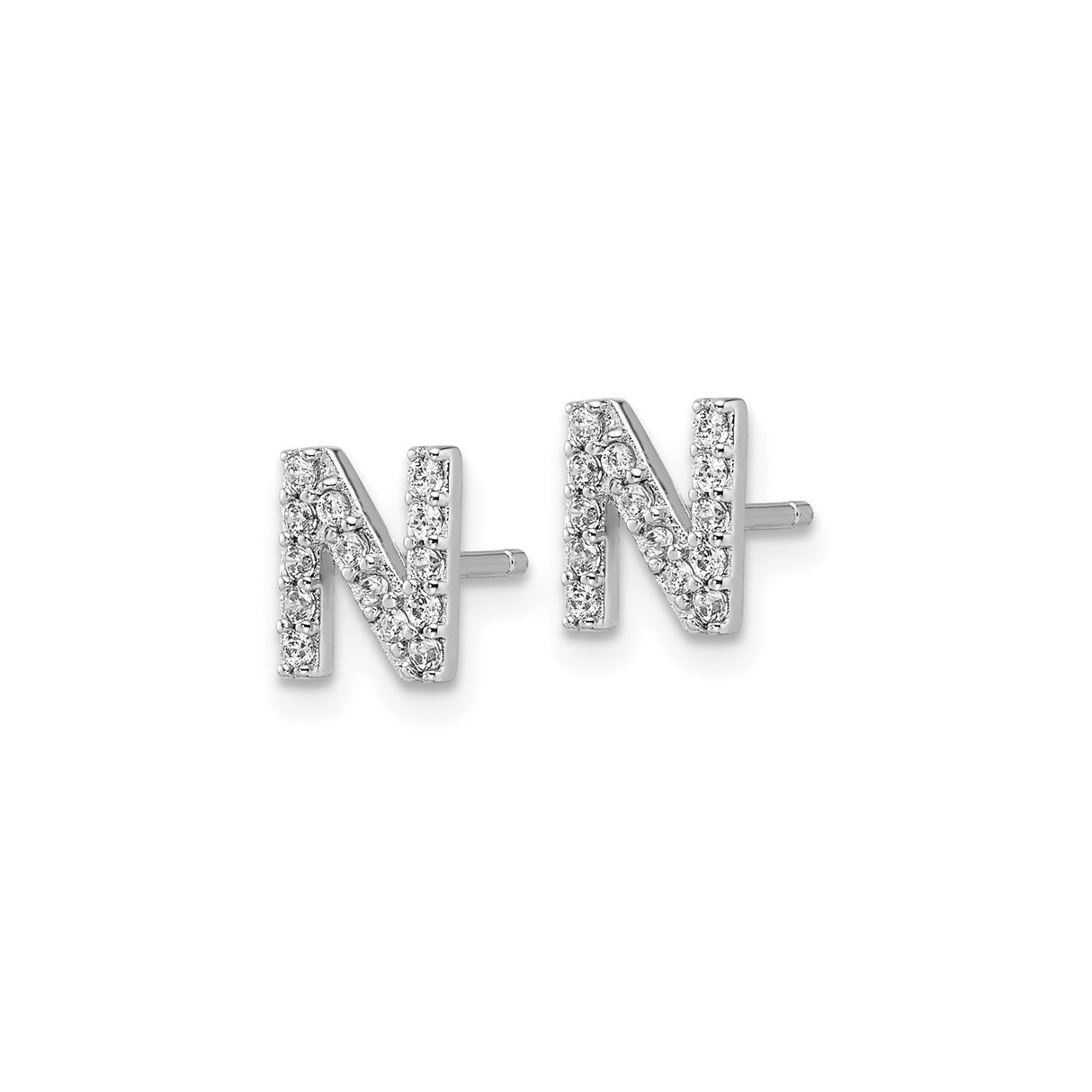 Sterling Silver Letter N Stud Earring with Cubic Zirconia Accents, Modern Minimalist Style