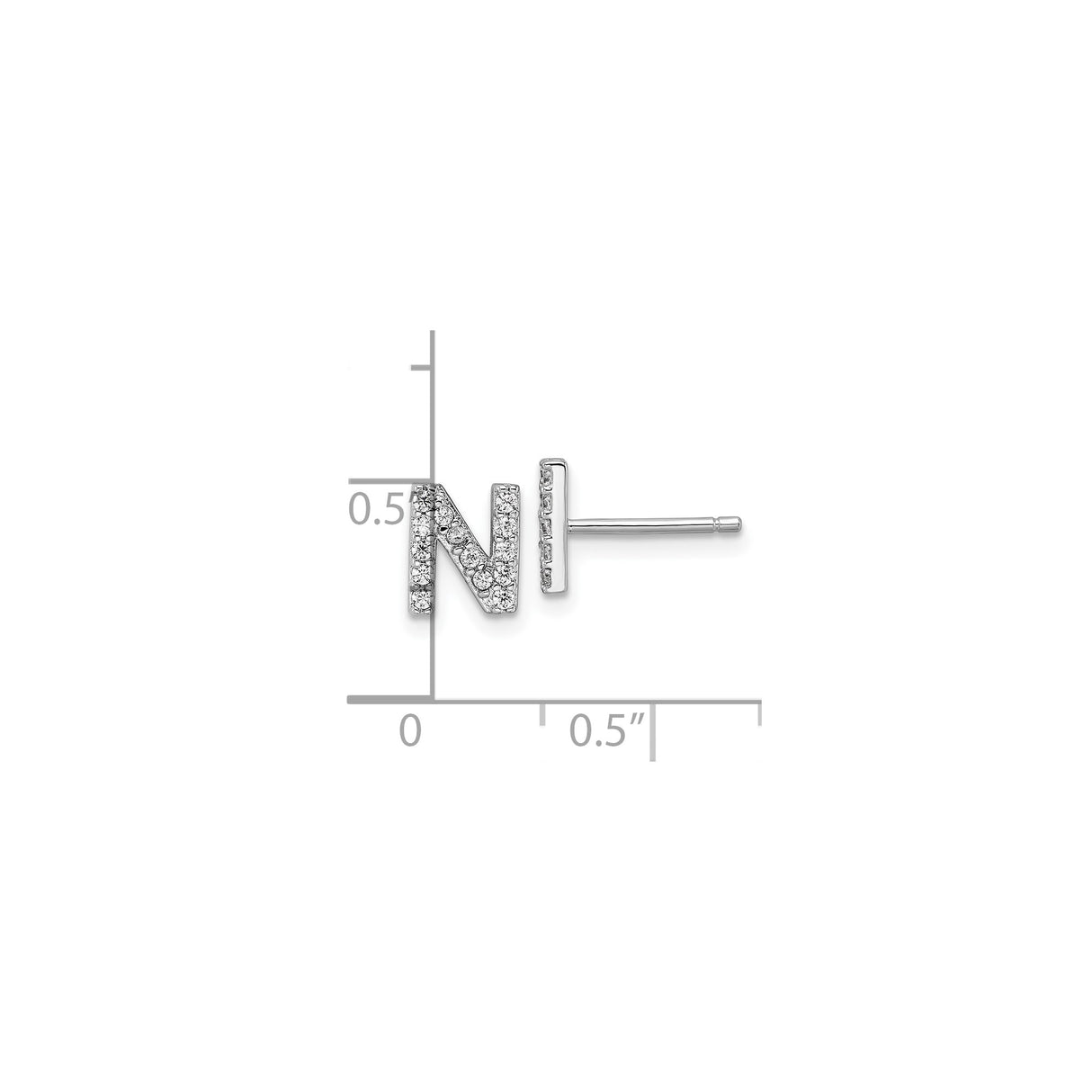 Sterling Silver Letter N Stud Earring with Cubic Zirconia Accents, Modern Minimalist Style