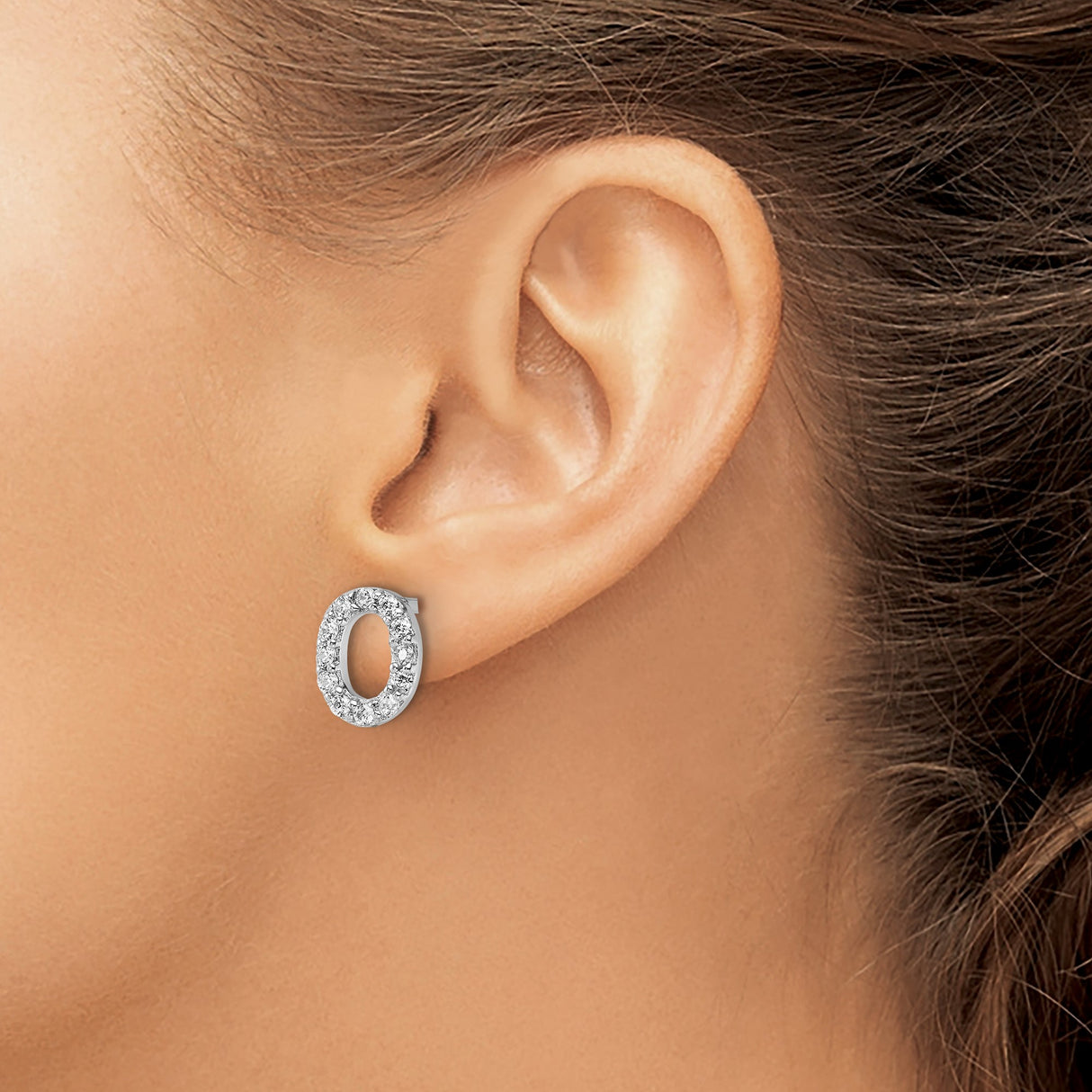 Sterling Silver Oval Stud Earrings with Pavé Cubic Zirconia, Open Oval Eternity Design