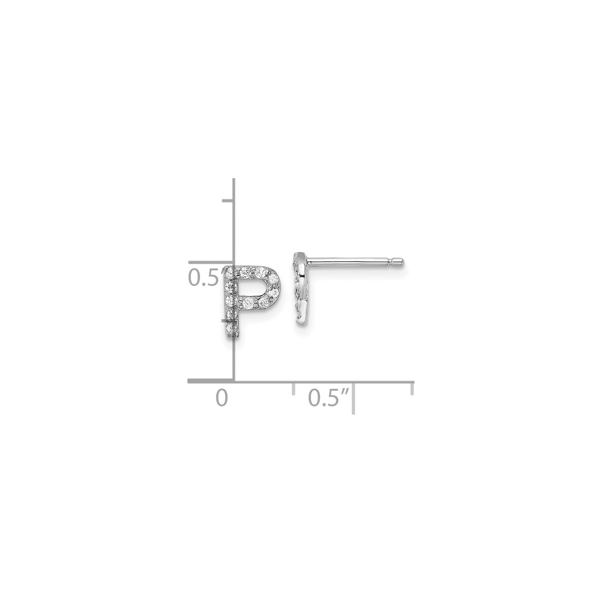 Sterling Silver Letter P Stud Earrings with Clear Cubic Zirconia, Rhodium Plated Initial Design