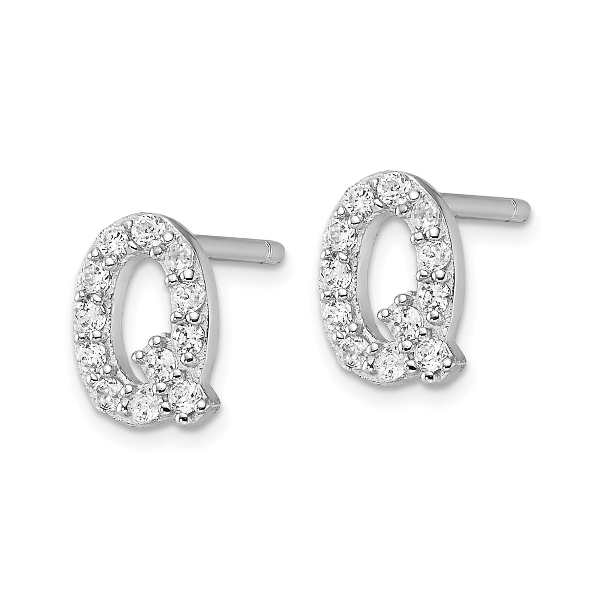 Sterling Silver Initial Letter Q Stud Earrings with Cubic Zirconia, Rhodium Plated Alphabet Design