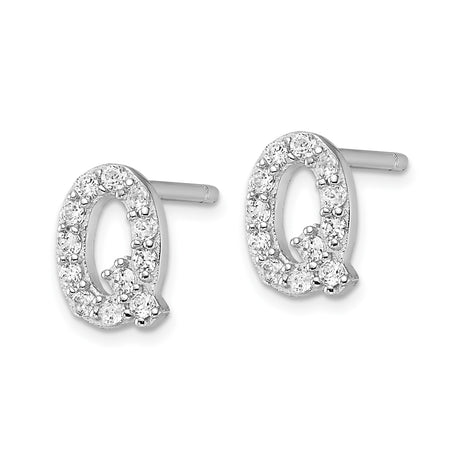 Sterling Silver Initial Letter Q Stud Earrings with Cubic Zirconia, Rhodium Plated Alphabet Design