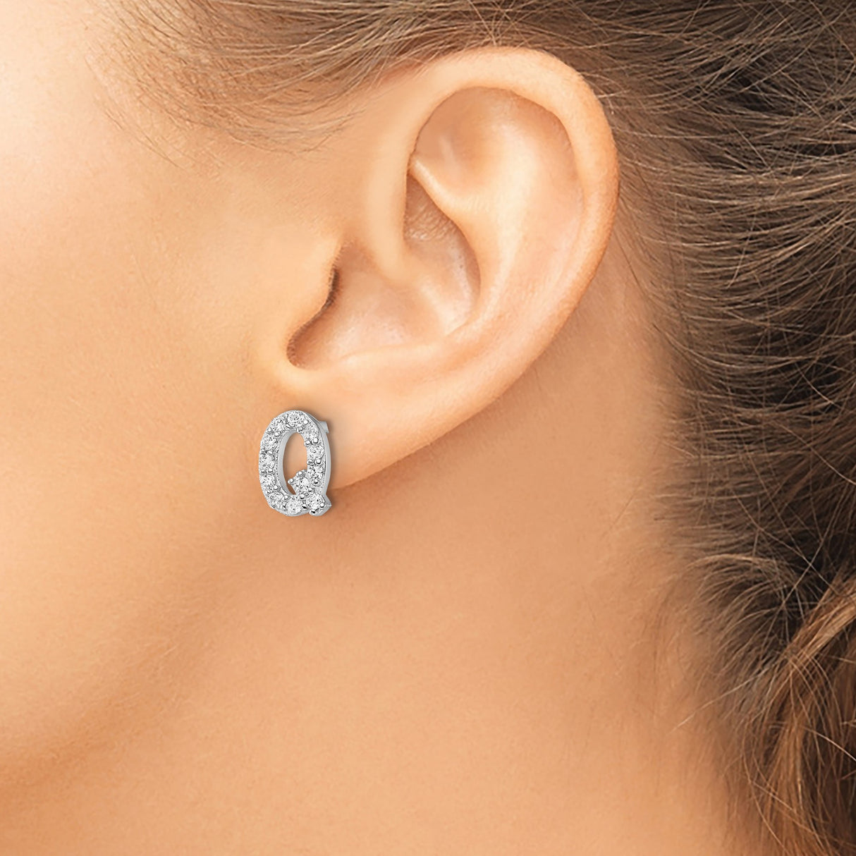 Sterling Silver Initial Letter Q Stud Earrings with Cubic Zirconia, Rhodium Plated Alphabet Design