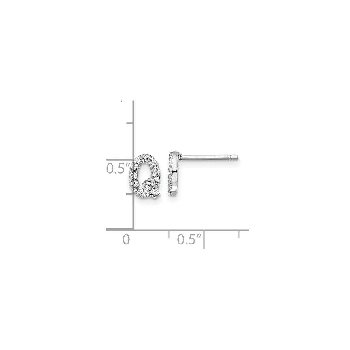 Sterling Silver Initial Letter Q Stud Earrings with Cubic Zirconia, Rhodium Plated Alphabet Design