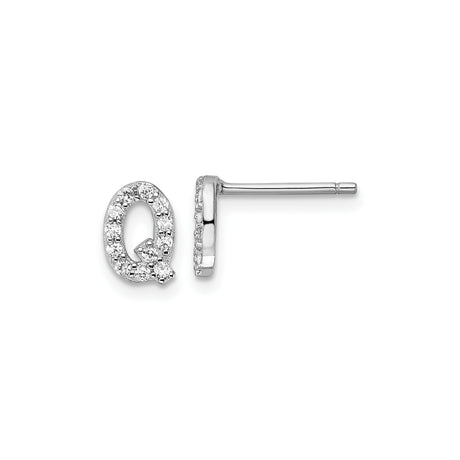 Sterling Silver Initial Letter Q Stud Earrings with Cubic Zirconia, Rhodium Plated Alphabet Design