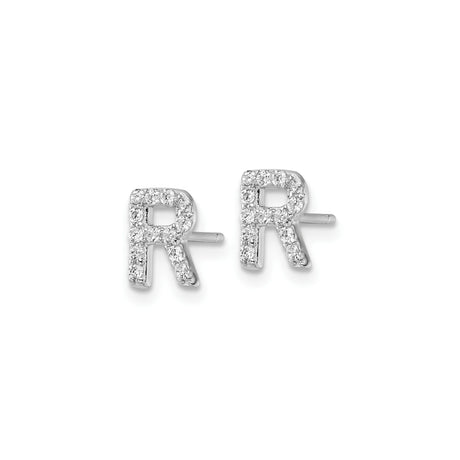 Sterling Silver Letter R Stud Earrings with Cubic Zirconia, Minimalist Alphabet Jewelry for Women