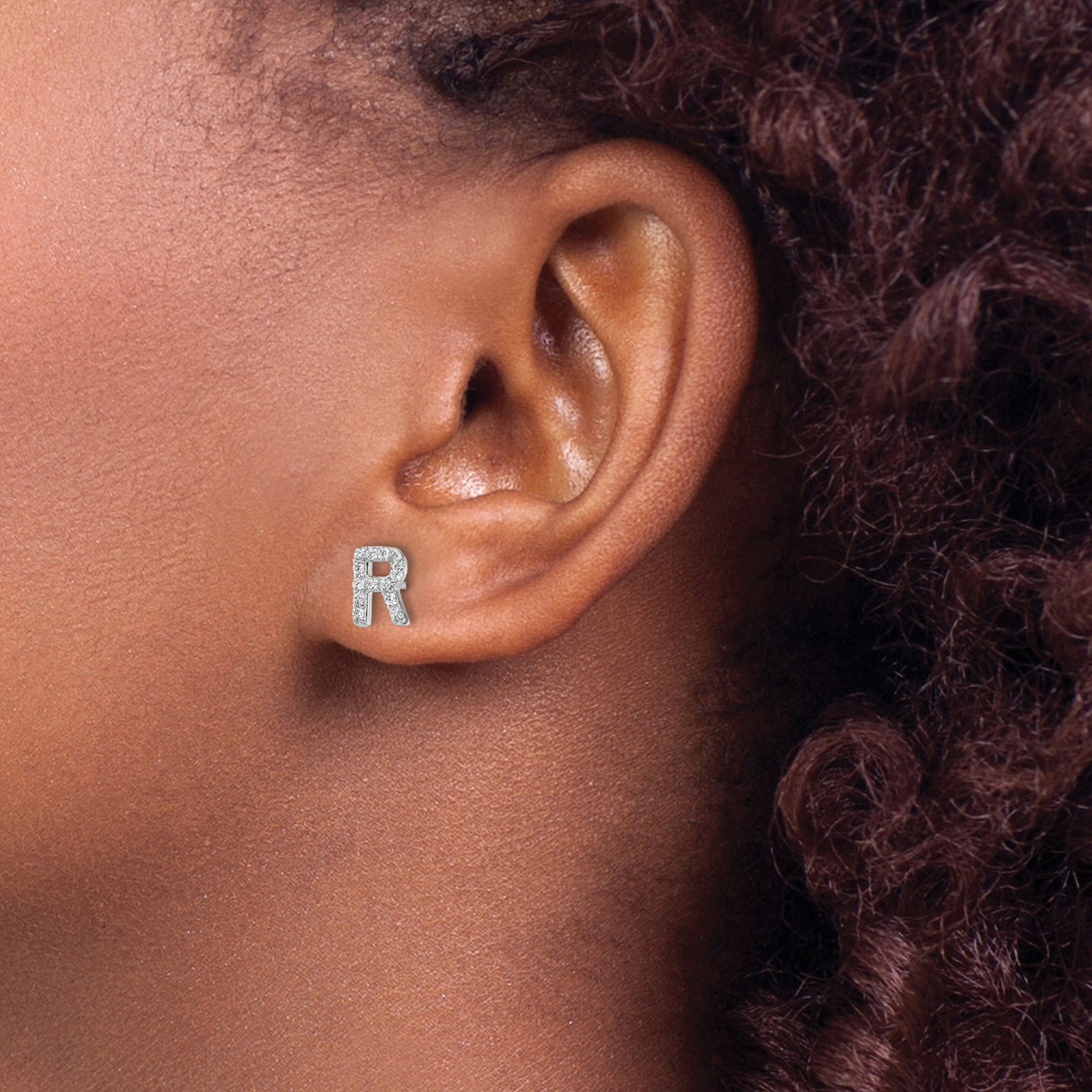 Sterling Silver Letter R Stud Earrings with Cubic Zirconia, Minimalist Alphabet Jewelry for Women