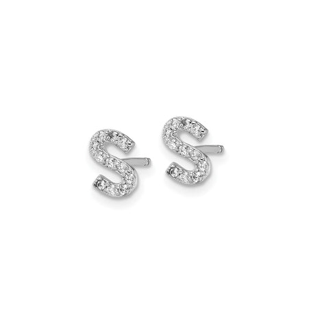 Sterling Silver Initial Stud Earrings with Cubic Zirconia, Letter S Design, Unisex Minimalist Style