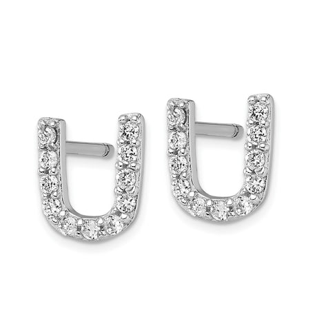 Sterling Silver Letter U Stud Earrings with Clear Cubic Zirconia, Rhodium Plated Initial Jewelry