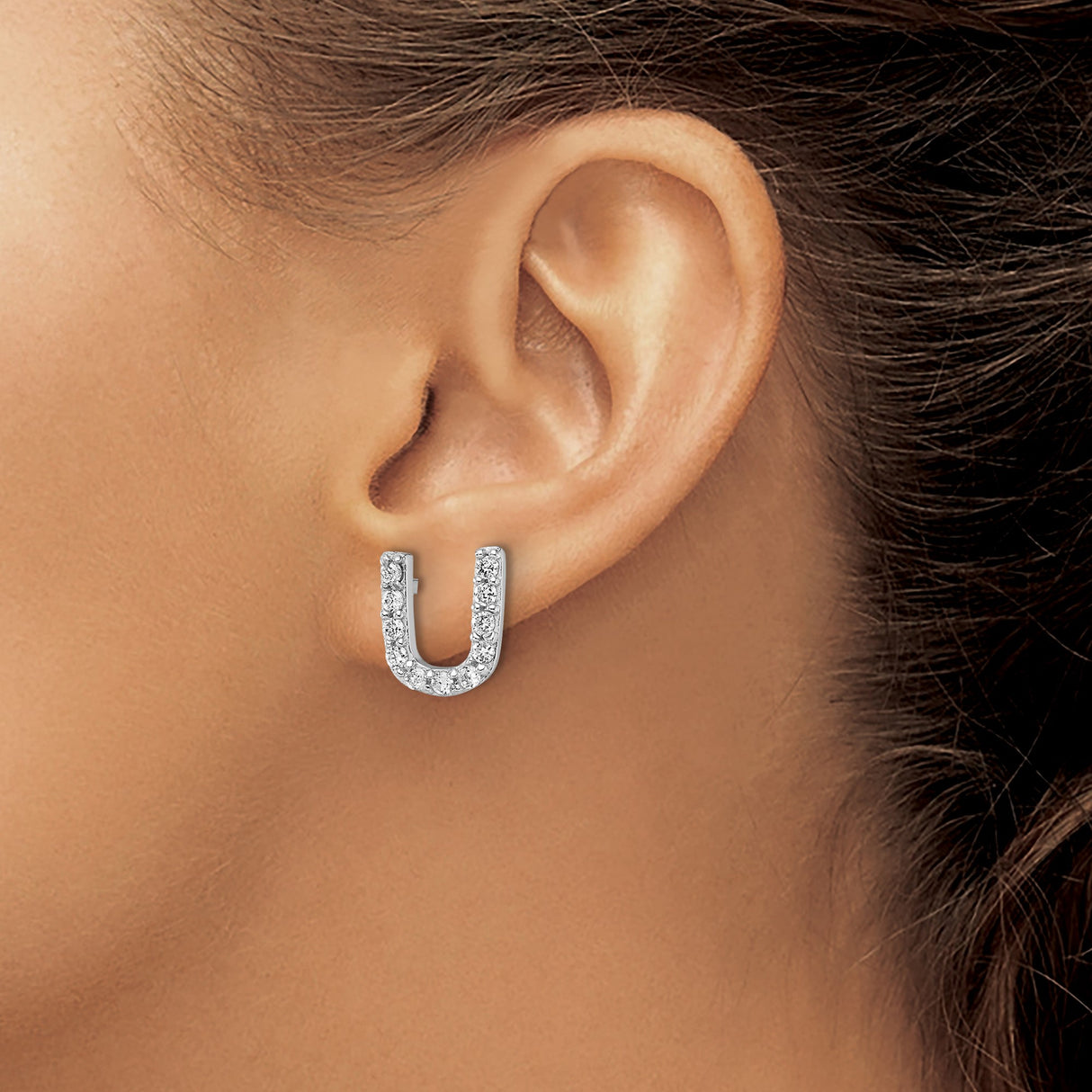 Sterling Silver Letter U Stud Earrings with Clear Cubic Zirconia, Rhodium Plated Initial Jewelry