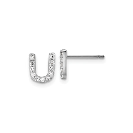 Sterling Silver Letter U Stud Earrings with Clear Cubic Zirconia, Rhodium Plated Initial Jewelry
