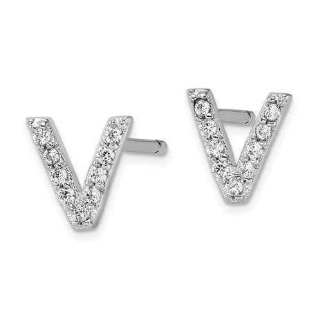 Sterling Silver Letter V Stud Earrings with Cubic Zirconia, Rhodium Plated Alphabet Design