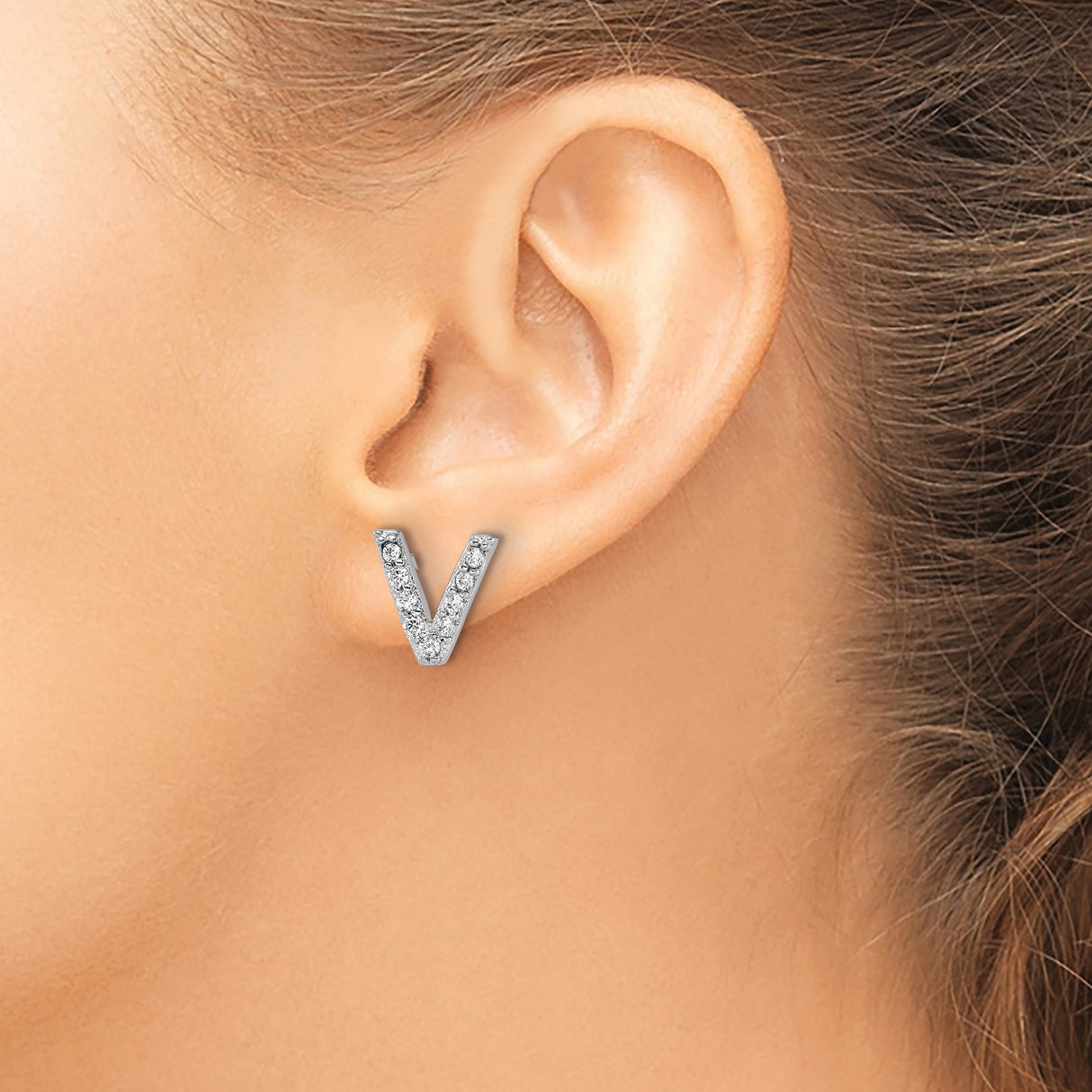 Sterling Silver Letter V Stud Earrings with Cubic Zirconia, Rhodium Plated Alphabet Design