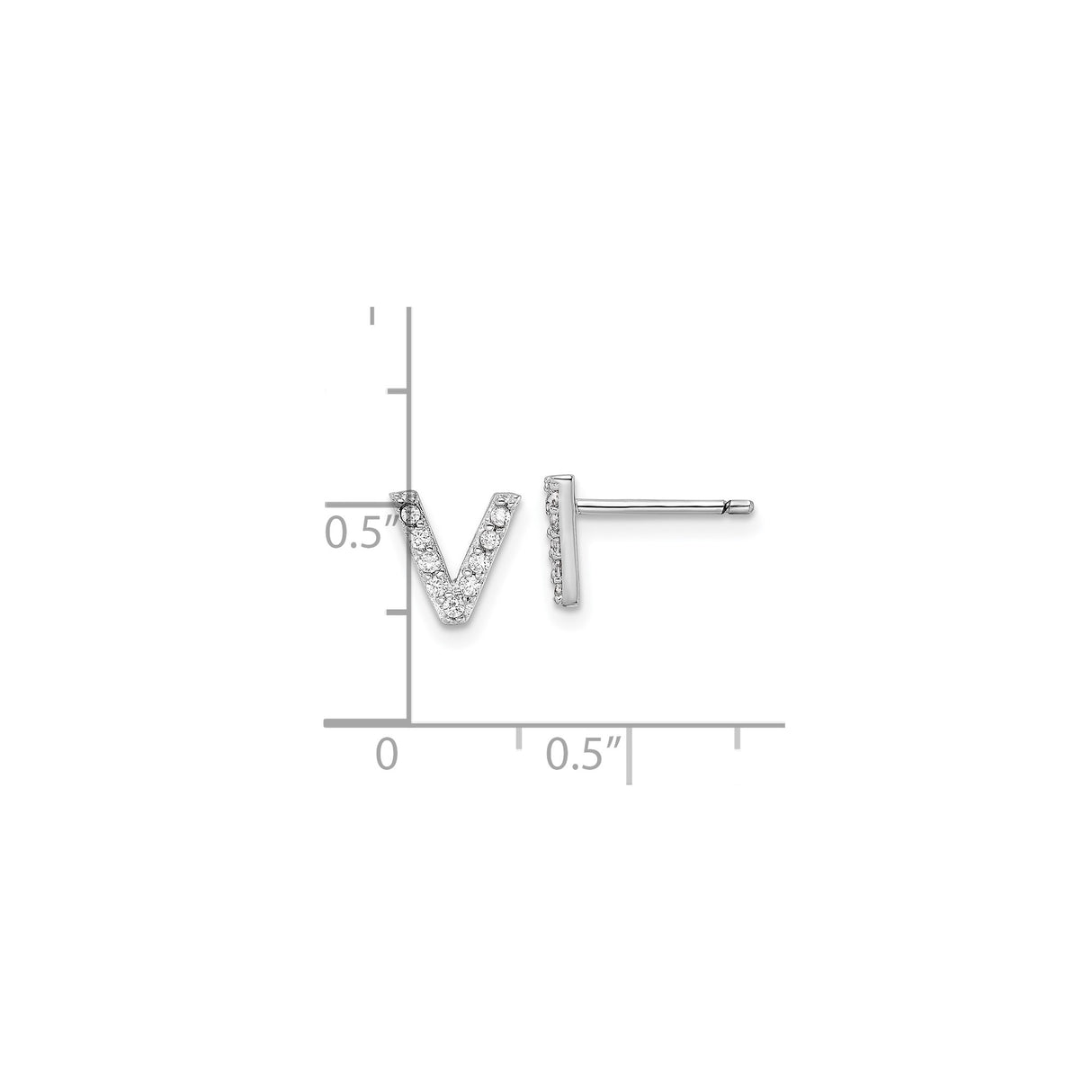 Sterling Silver Letter V Stud Earrings with Cubic Zirconia, Rhodium Plated Alphabet Design