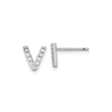 Sterling Silver Letter V Stud Earrings with Cubic Zirconia, Rhodium Plated Alphabet Design