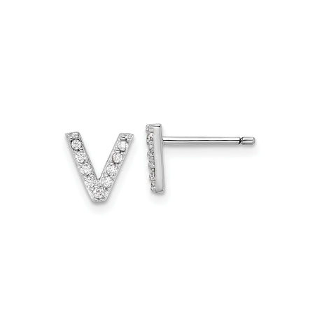 Sterling Silver Letter V Stud Earrings with Cubic Zirconia, Rhodium Plated Alphabet Design