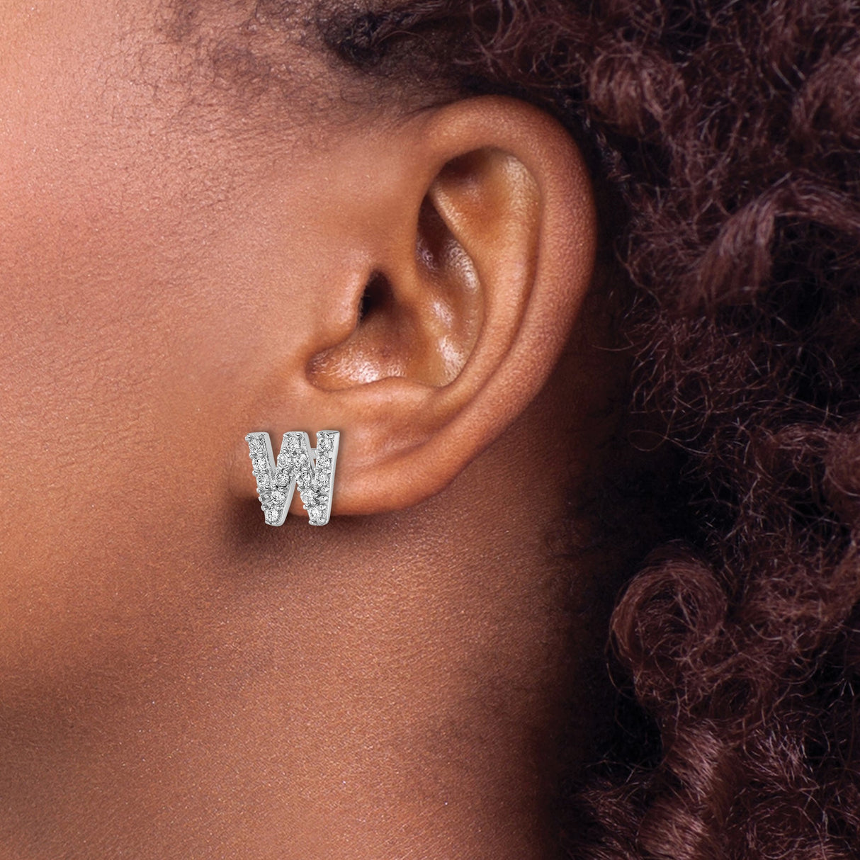 Sterling Silver Letter W Stud Earrings with Cubic Zirconia, Alphabet Design for Women and Unisex