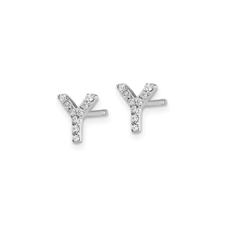 Sterling Silver Letter Y Stud Earrings with Clear Cubic Zirconia, Rhodium Plated Initial Design