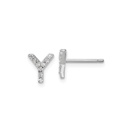 Sterling Silver Letter Y Stud Earrings with Clear Cubic Zirconia, Rhodium Plated Initial Design