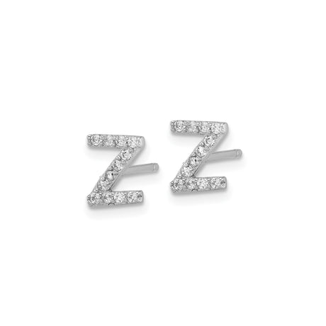 Sterling Silver Letter Z Stud Earrings with Cubic Zirconia, Rhodium Plated Initial Jewelry