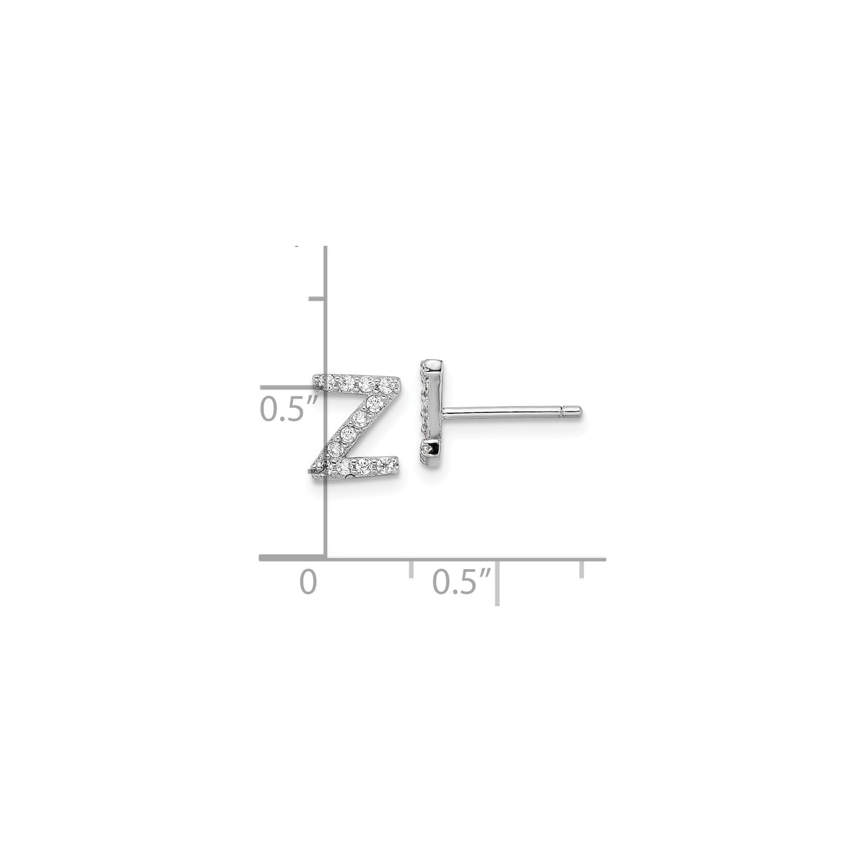 Sterling Silver Letter Z Stud Earrings with Cubic Zirconia, Rhodium Plated Initial Jewelry