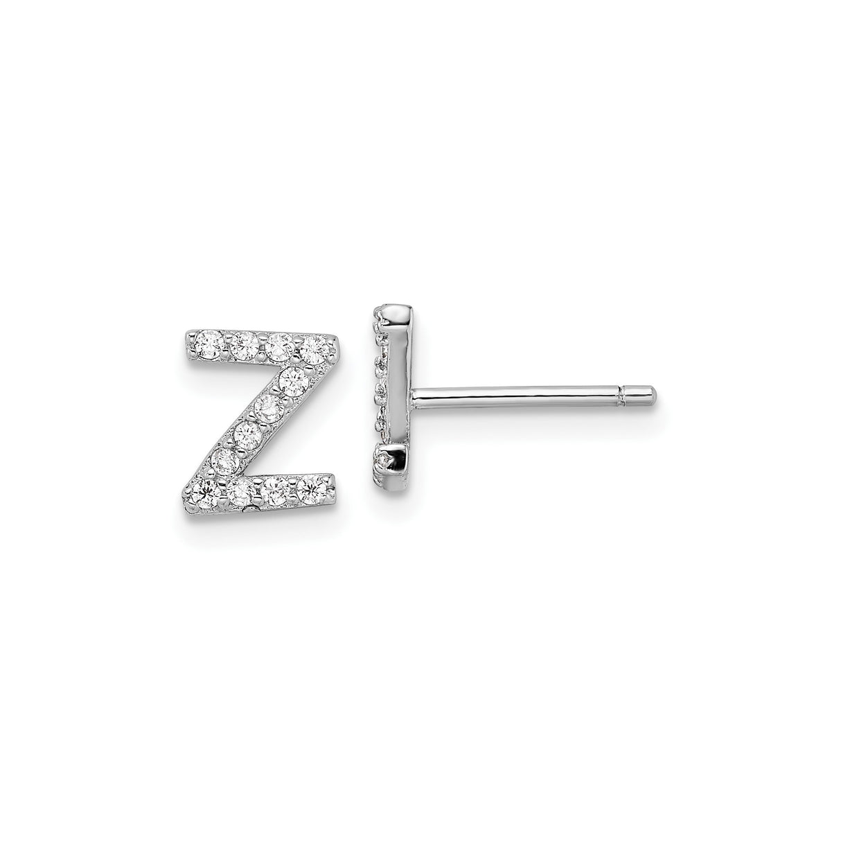 Sterling Silver Letter Z Stud Earrings with Cubic Zirconia, Rhodium Plated Initial Jewelry