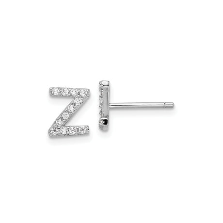 Sterling Silver Letter Z Stud Earrings with Cubic Zirconia, Rhodium Plated Initial Jewelry