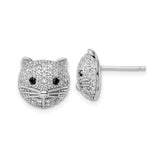 Sterling Silver Cat Stud Earrings with Cubic Zirconia and Black Gemstone Eyes