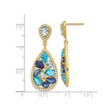Sterling Silver Teardrop Dangle Earrings with Blue and Aqua Glass and Cubic Zirconia Cluster Design