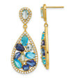 Sterling Silver Teardrop Dangle Earrings with Blue and Aqua Glass and Cubic Zirconia Cluster Design
