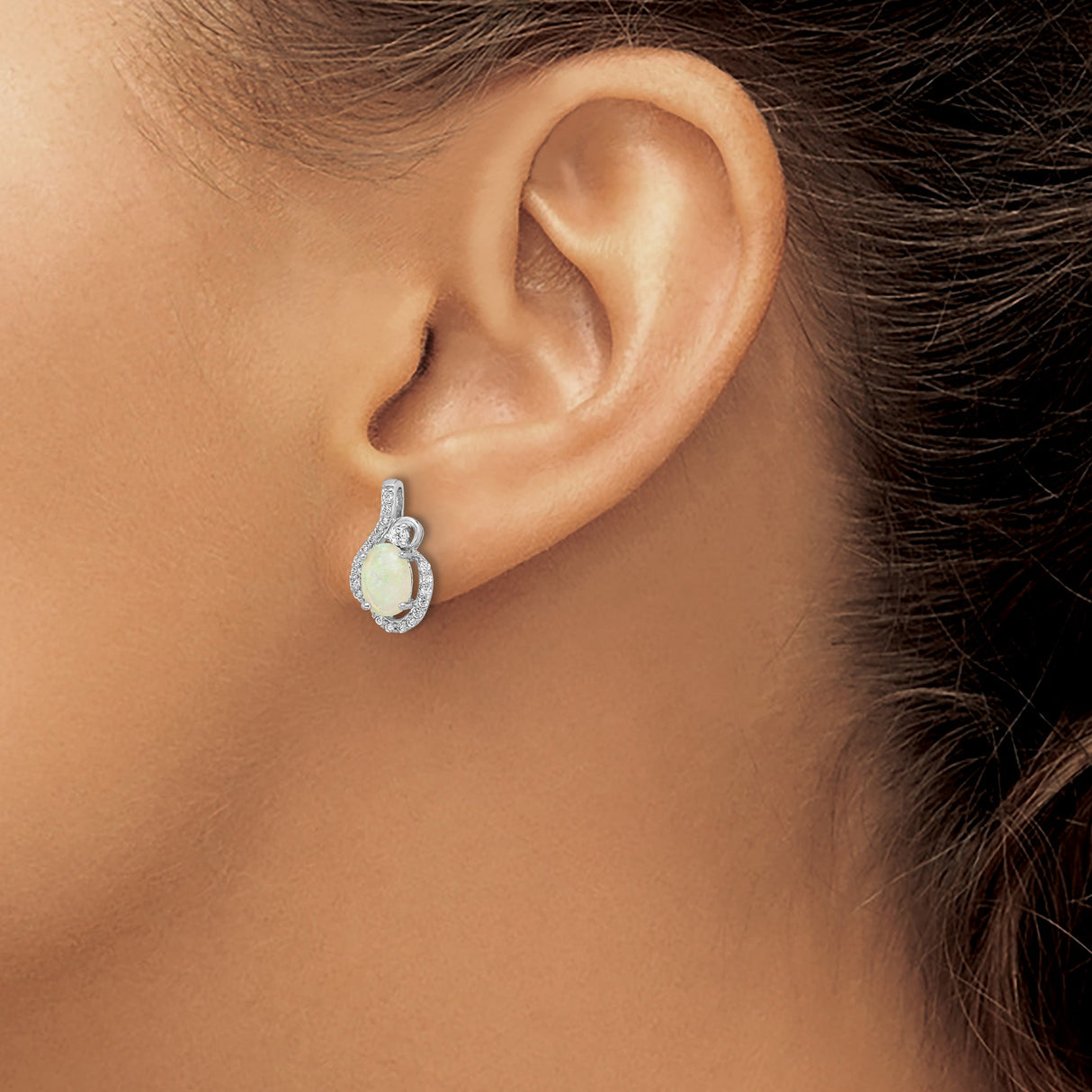Sterling Silver Opal Stud Earrings with Cubic Zirconia, Oval Lab Created Stone, Swirl Design
