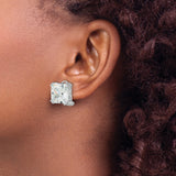 Sterling Silver Stud Earrings with Square Cut Cubic Zirconia, Four Prong Setting, Omega Backs