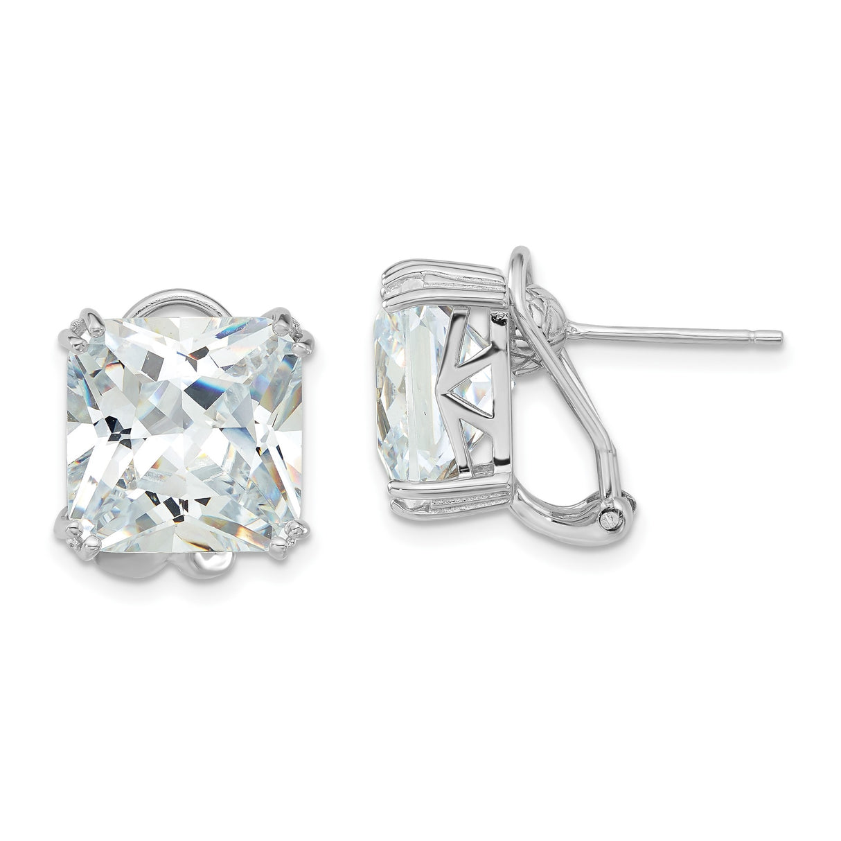 Sterling Silver Stud Earrings with Square Cut Cubic Zirconia, Four Prong Setting, Omega Backs
