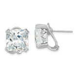 Sterling Silver Stud Earrings with Square Cut Cubic Zirconia, Four Prong Setting, Omega Backs
