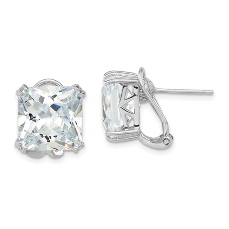 Sterling Silver Stud Earrings with Large Square Cut Cubic Zirconia in Four Prong Setting, Rhodium Plated with Secure Omega Backs, Elegant Design for Women, Formal or Everyday Wear Accessory