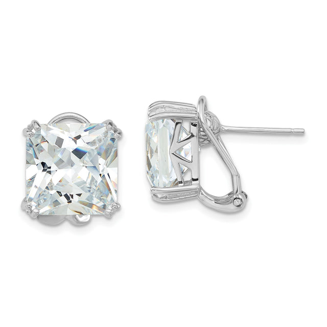 Sterling Silver Stud Earrings with Square Cut Cubic Zirconia, Four Prong Setting, Omega Backs
