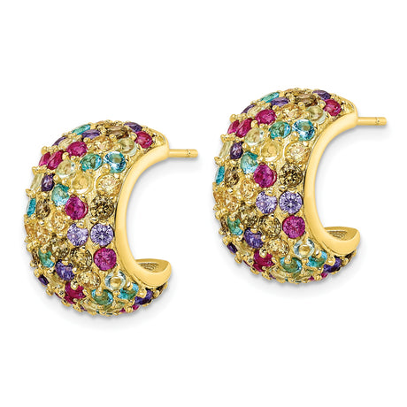Sterling Silver Gold-Plated Hoop Earrings with Multicolor Cubic Zirconia, Rainbow Style