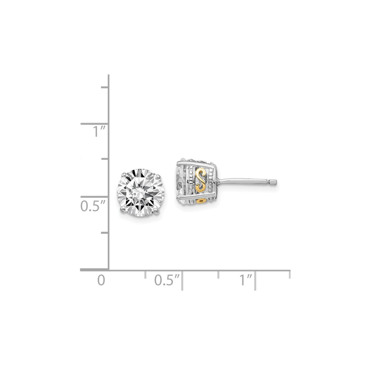 Sterling Silver Stud Earrings with Cubic Zirconia, Gold Accent, Letter S Detail, Minimalist Style