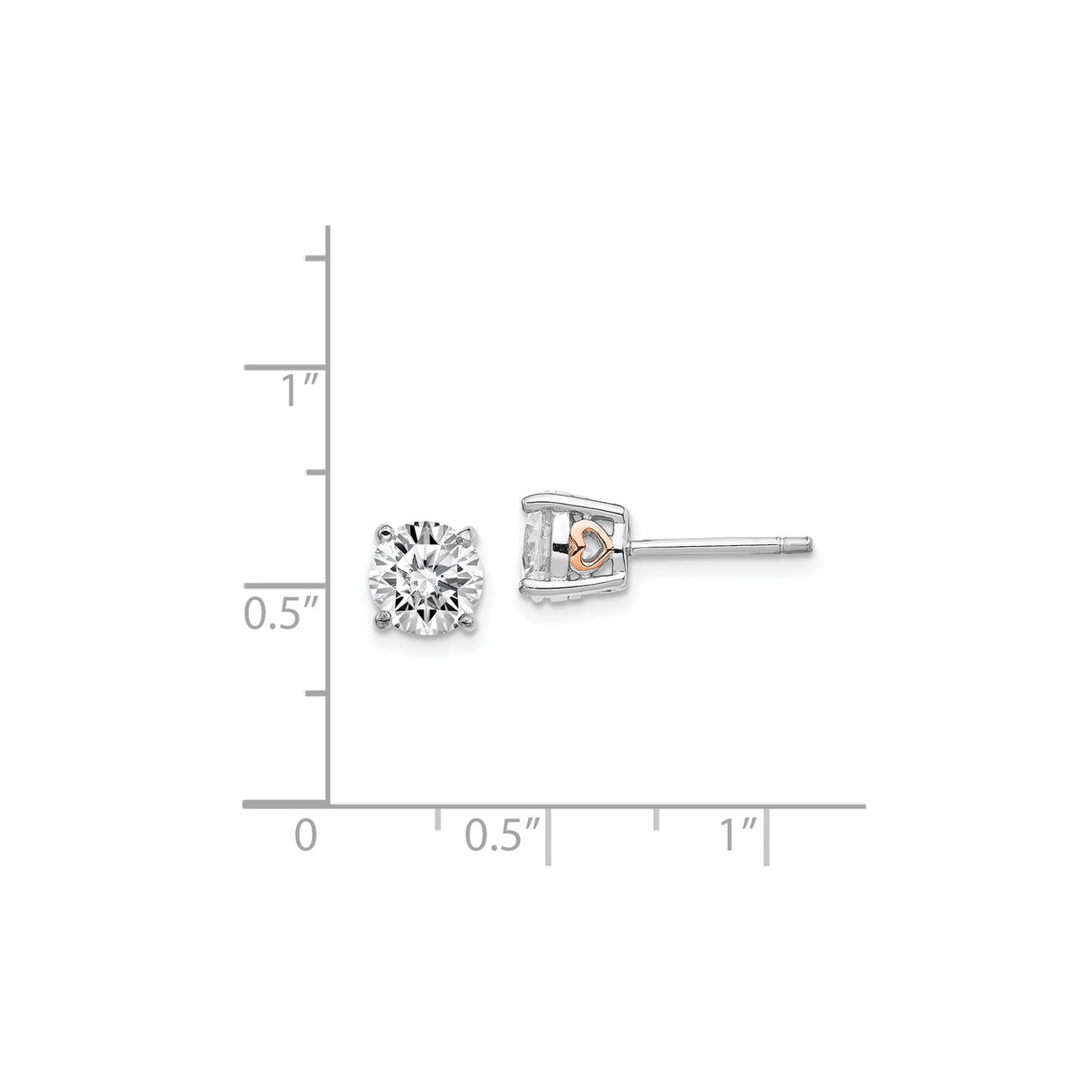 Sterling Silver Stud Earrings with Round Cut Cubic Zirconia, Rose Gold Heart Detail