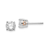 Sterling Silver Stud Earrings with Round Cut Cubic Zirconia, Rose Gold Heart Detail