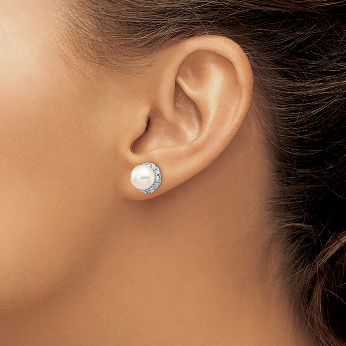 Sterling Silver Stud Earrings with White Cultured Pearls and Cubic Zirconia Halo