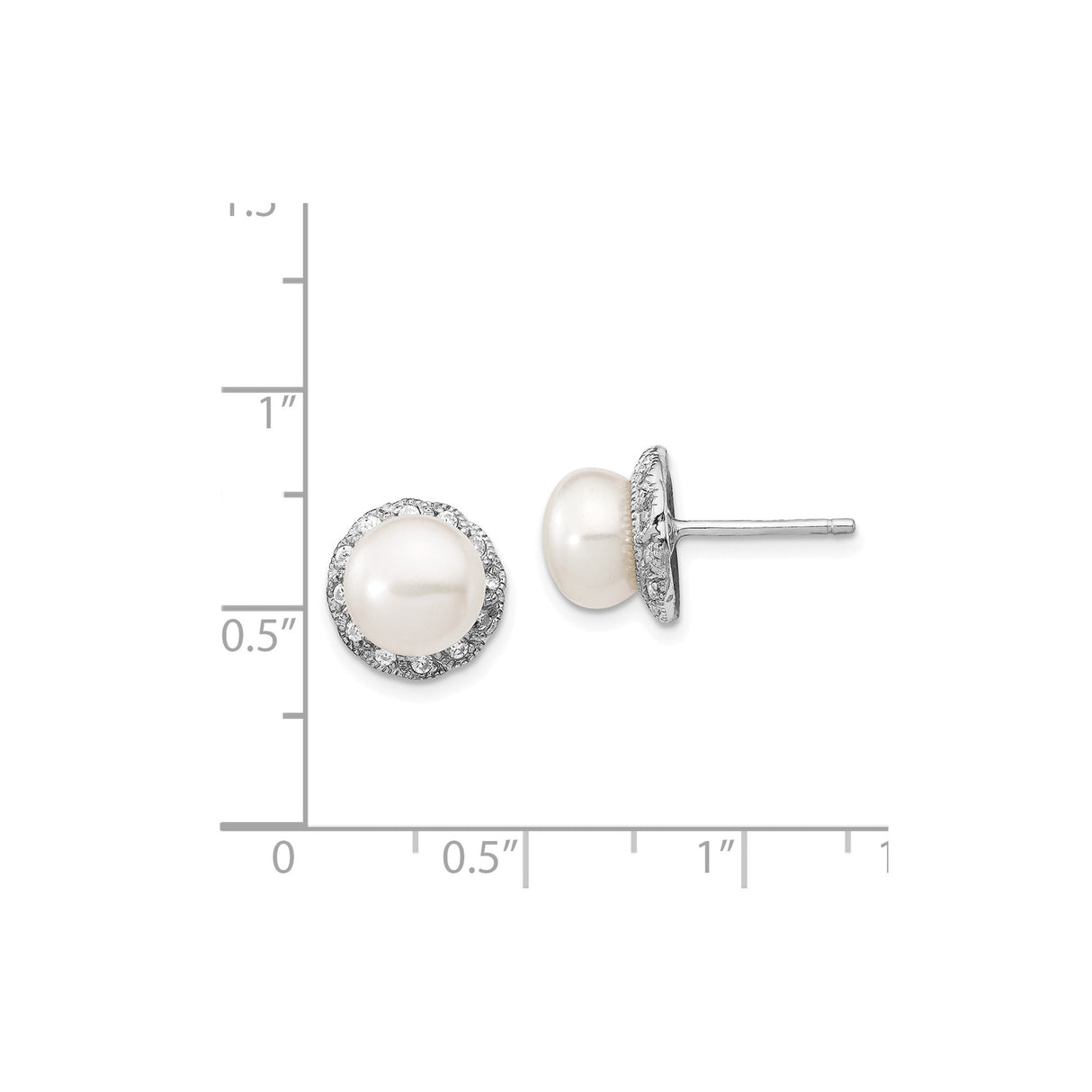Sterling Silver Stud Earrings with White Cultured Pearls and Cubic Zirconia Halo