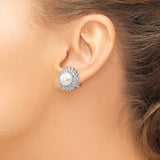 Sterling Silver Pearl Stud Earrings with Cubic Zirconia Floral Sunburst Halo Design